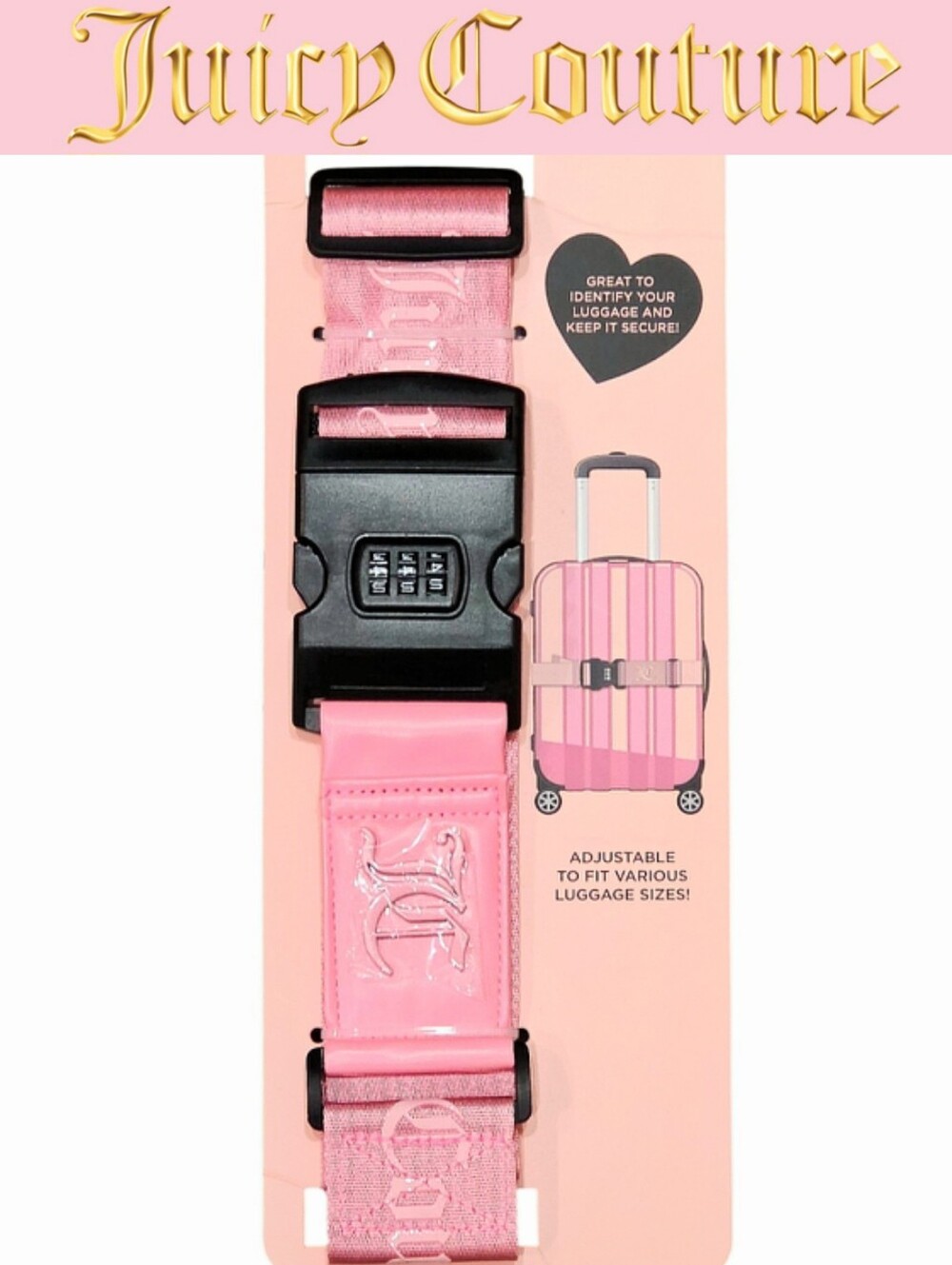 Juicy Couture Logo Adjustable Luggage Strap w/Combination Lock- Pink
